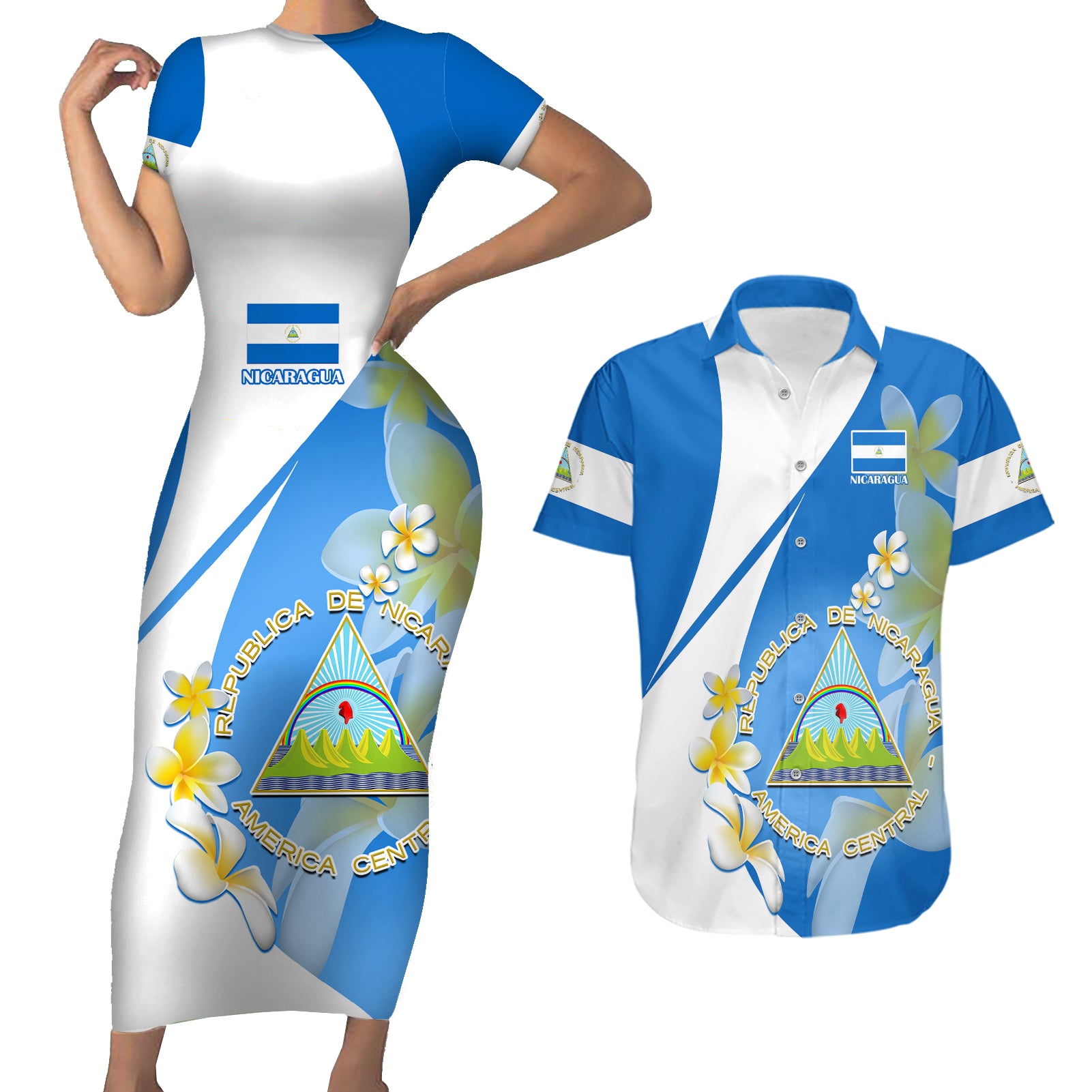Nicaragua Independence Day Couples Matching Short Sleeve Bodycon Dress and Hawaiian Shirt Nicaraguan Coat of Arms With Sacuanjoche Flowers - Wonder Print Shop