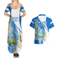 Nicaragua Independence Day Couples Matching Summer Maxi Dress and Hawaiian Shirt Nicaraguan Coat of Arms With Sacuanjoche Flowers - Wonder Print Shop