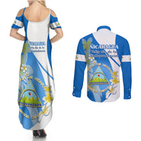 Nicaragua Independence Day Couples Matching Summer Maxi Dress and Long Sleeve Button Shirts Nicaraguan Coat of Arms With Sacuanjoche Flowers - Wonder Print Shop