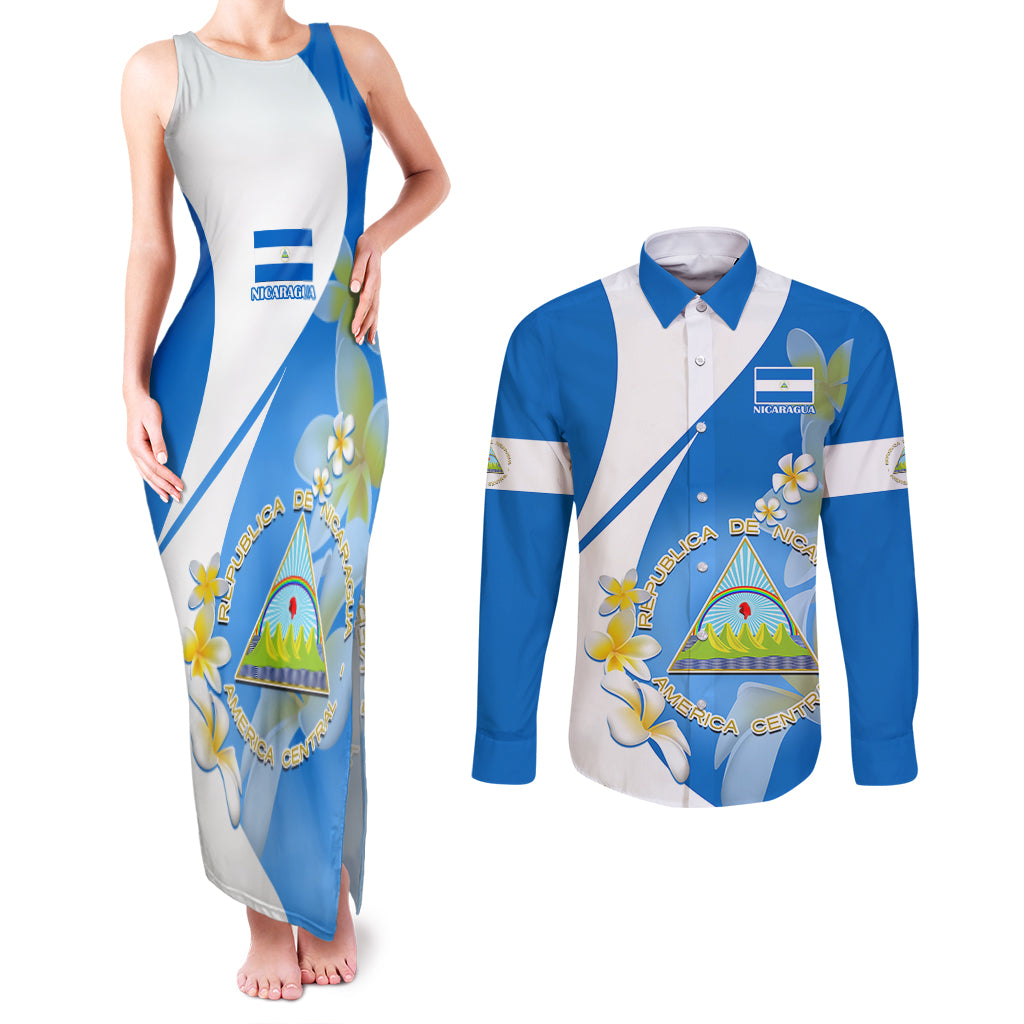 Nicaragua Independence Day Couples Matching Tank Maxi Dress and Long Sleeve Button Shirts Nicaraguan Coat of Arms With Sacuanjoche Flowers - Wonder Print Shop