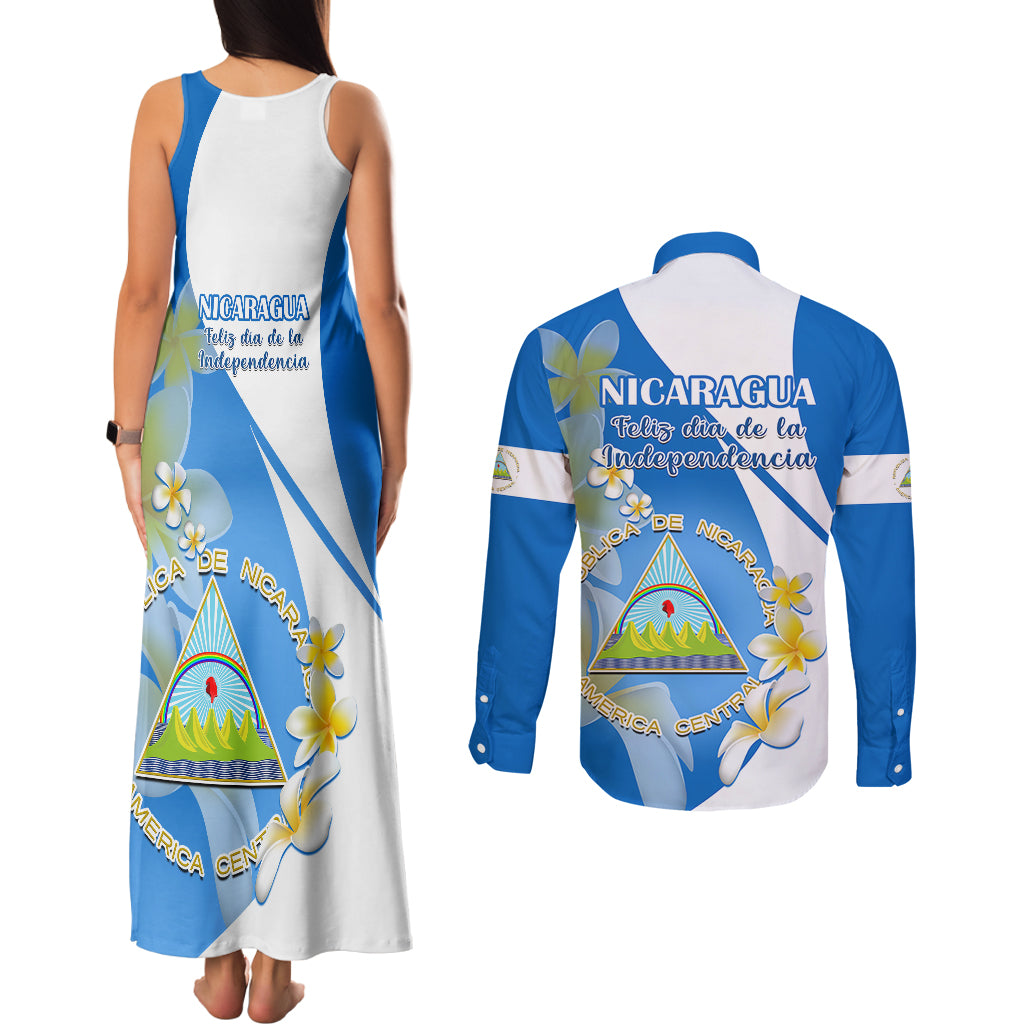 Nicaragua Independence Day Couples Matching Tank Maxi Dress and Long Sleeve Button Shirts Nicaraguan Coat of Arms With Sacuanjoche Flowers - Wonder Print Shop