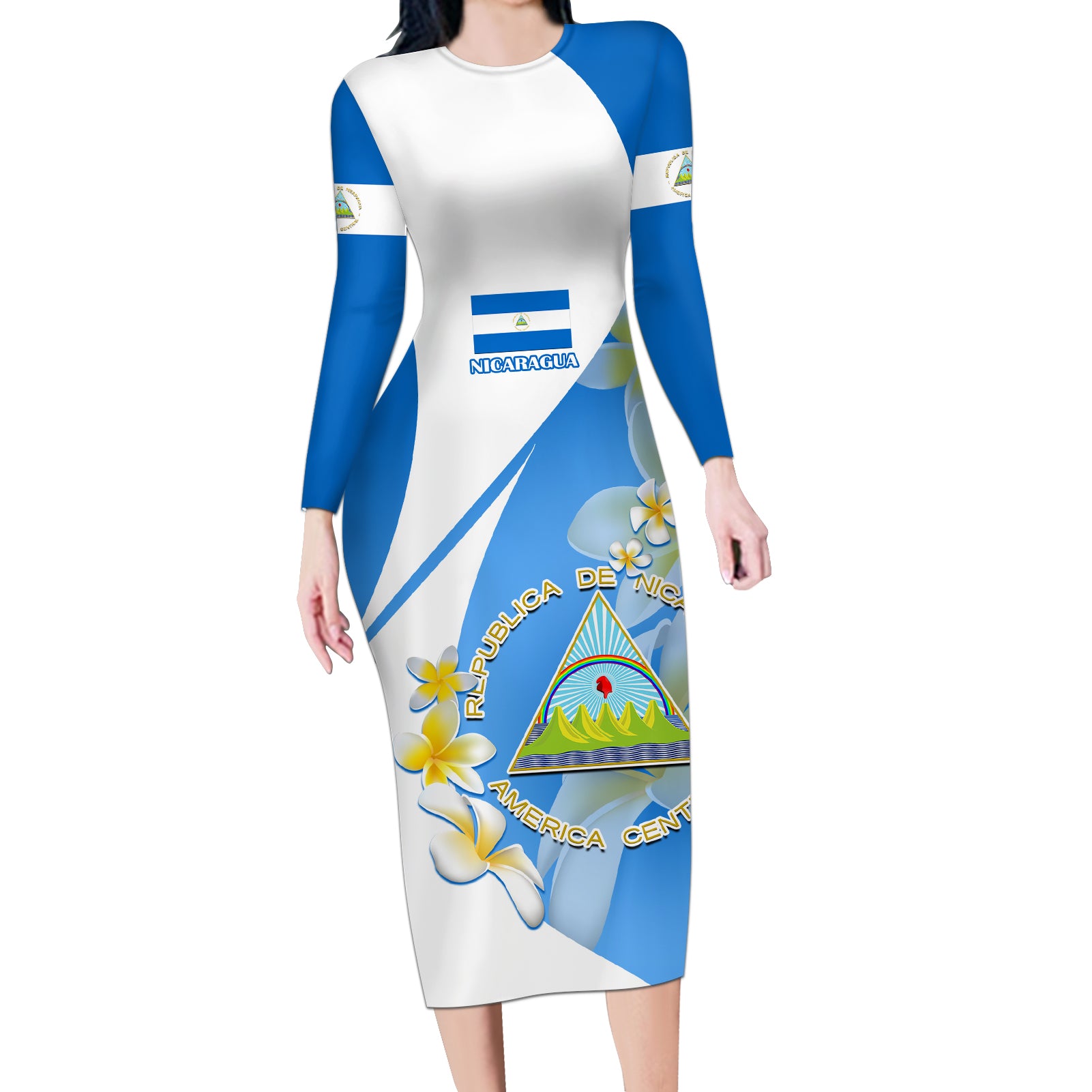 nicaragua-independence-day-long-sleeve-bodycon-dress-nicaraguan-coat-of-arms-with-sacuanjoche-flowers