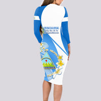 Nicaragua Independence Day Long Sleeve Bodycon Dress Nicaraguan Coat of Arms With Sacuanjoche Flowers - Wonder Print Shop