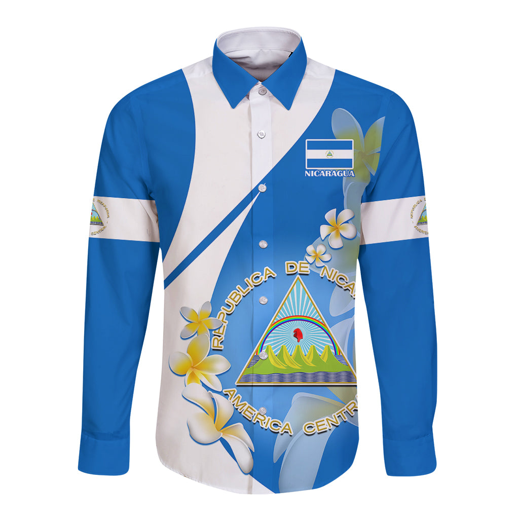 Nicaragua Independence Day Long Sleeve Button Shirt Nicaraguan Coat of Arms With Sacuanjoche Flowers - Wonder Print Shop
