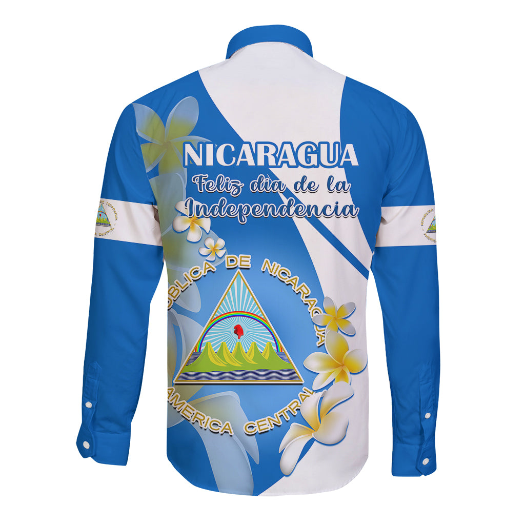 Nicaragua Independence Day Long Sleeve Button Shirt Nicaraguan Coat of Arms With Sacuanjoche Flowers - Wonder Print Shop