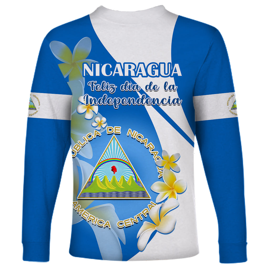 Nicaragua Independence Day Long Sleeve Shirt Nicaraguan Coat of Arms With Sacuanjoche Flowers - Wonder Print Shop