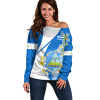 Nicaragua Independence Day Off Shoulder Sweater Nicaraguan Coat of Arms With Sacuanjoche Flowers - Wonder Print Shop