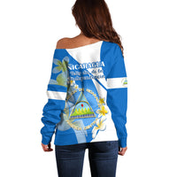 Nicaragua Independence Day Off Shoulder Sweater Nicaraguan Coat of Arms With Sacuanjoche Flowers - Wonder Print Shop
