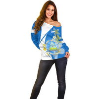 Nicaragua Independence Day Off Shoulder Sweater Nicaraguan Coat of Arms With Sacuanjoche Flowers - Wonder Print Shop