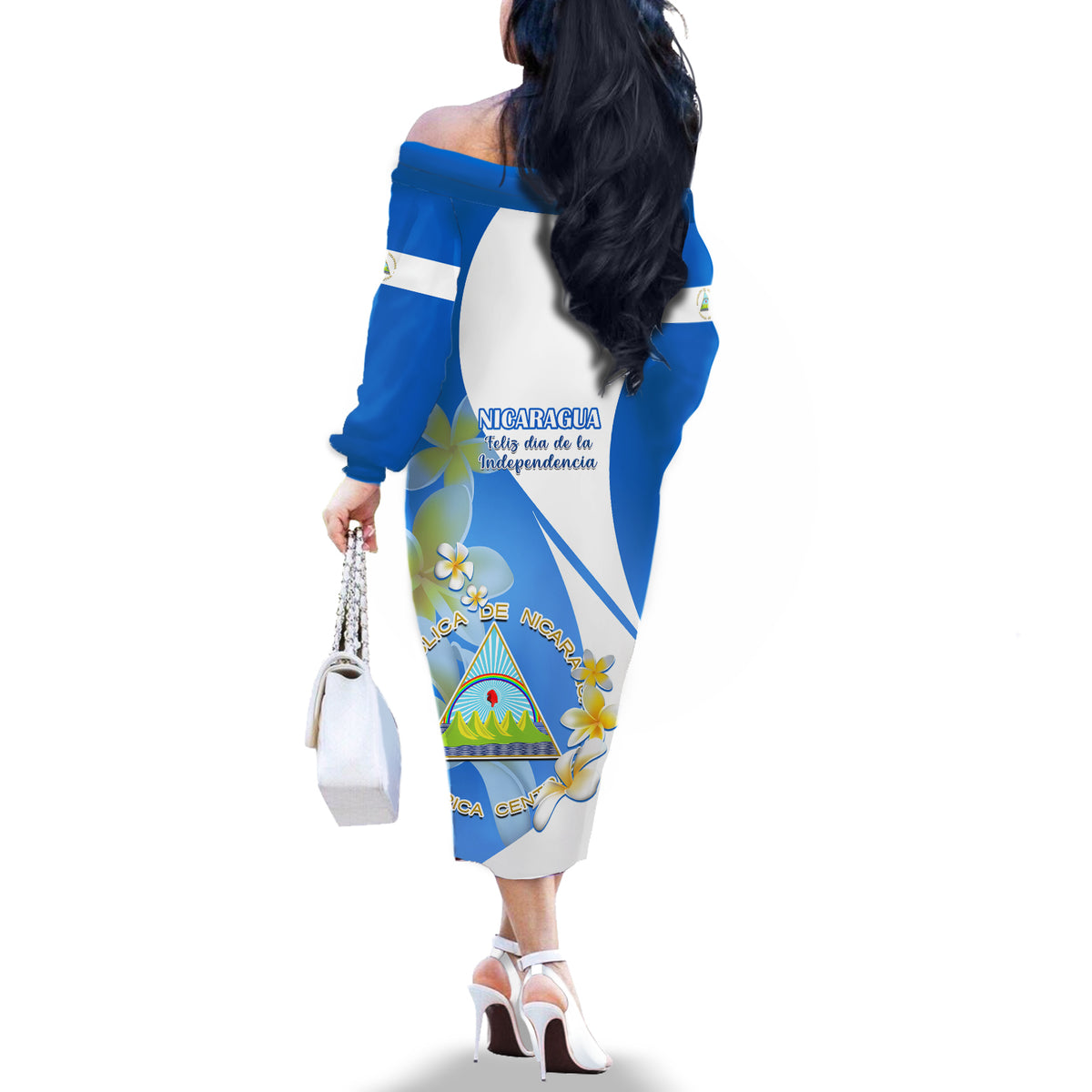 Nicaragua Independence Day Off The Shoulder Long Sleeve Dress Nicaraguan Coat of Arms With Sacuanjoche Flowers - Wonder Print Shop
