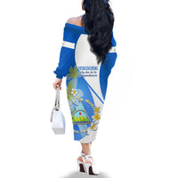 Nicaragua Independence Day Off The Shoulder Long Sleeve Dress Nicaraguan Coat of Arms With Sacuanjoche Flowers - Wonder Print Shop