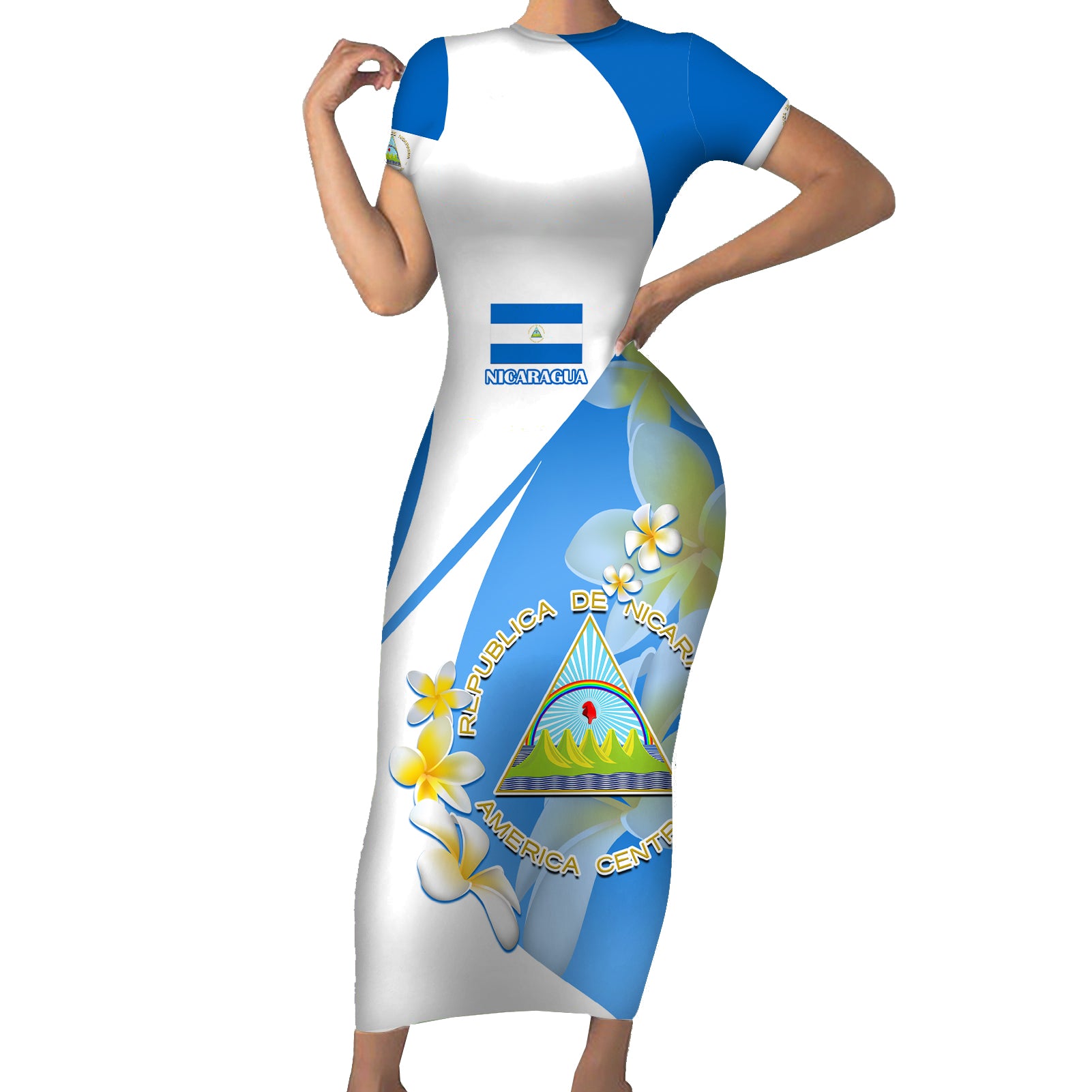 nicaragua-independence-day-short-sleeve-bodycon-dress-nicaraguan-coat-of-arms-with-sacuanjoche-flowers