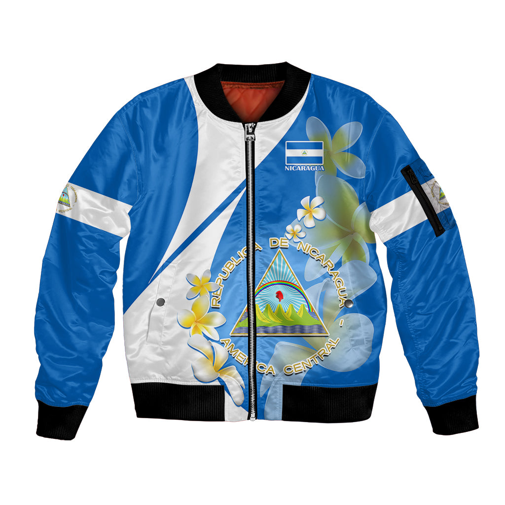Nicaragua Independence Day Sleeve Zip Bomber Jacket Nicaraguan Coat of Arms With Sacuanjoche Flowers - Wonder Print Shop