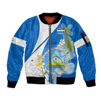 Nicaragua Independence Day Sleeve Zip Bomber Jacket Nicaraguan Coat of Arms With Sacuanjoche Flowers - Wonder Print Shop