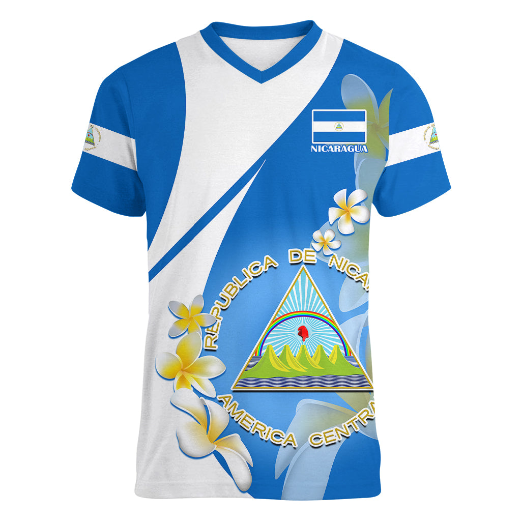 Nicaragua Independence Day Women V Neck T Shirt Nicaraguan Coat of Arms With Sacuanjoche Flowers - Wonder Print Shop
