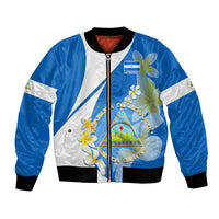 Custom Nicaragua Independence Day Bomber Jacket Nicaraguan Coat of Arms With Sacuanjoche Flowers - Wonder Print Shop