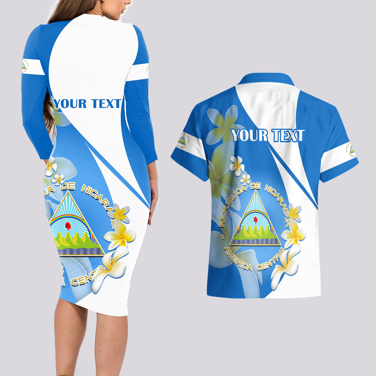 Custom Nicaragua Independence Day Couples Matching Long Sleeve Bodycon Dress and Hawaiian Shirt Nicaraguan Coat of Arms With Sacuanjoche Flowers - Wonder Print Shop