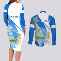Custom Nicaragua Independence Day Couples Matching Long Sleeve Bodycon Dress and Long Sleeve Button Shirts Nicaraguan Coat of Arms With Sacuanjoche Flowers - Wonder Print Shop