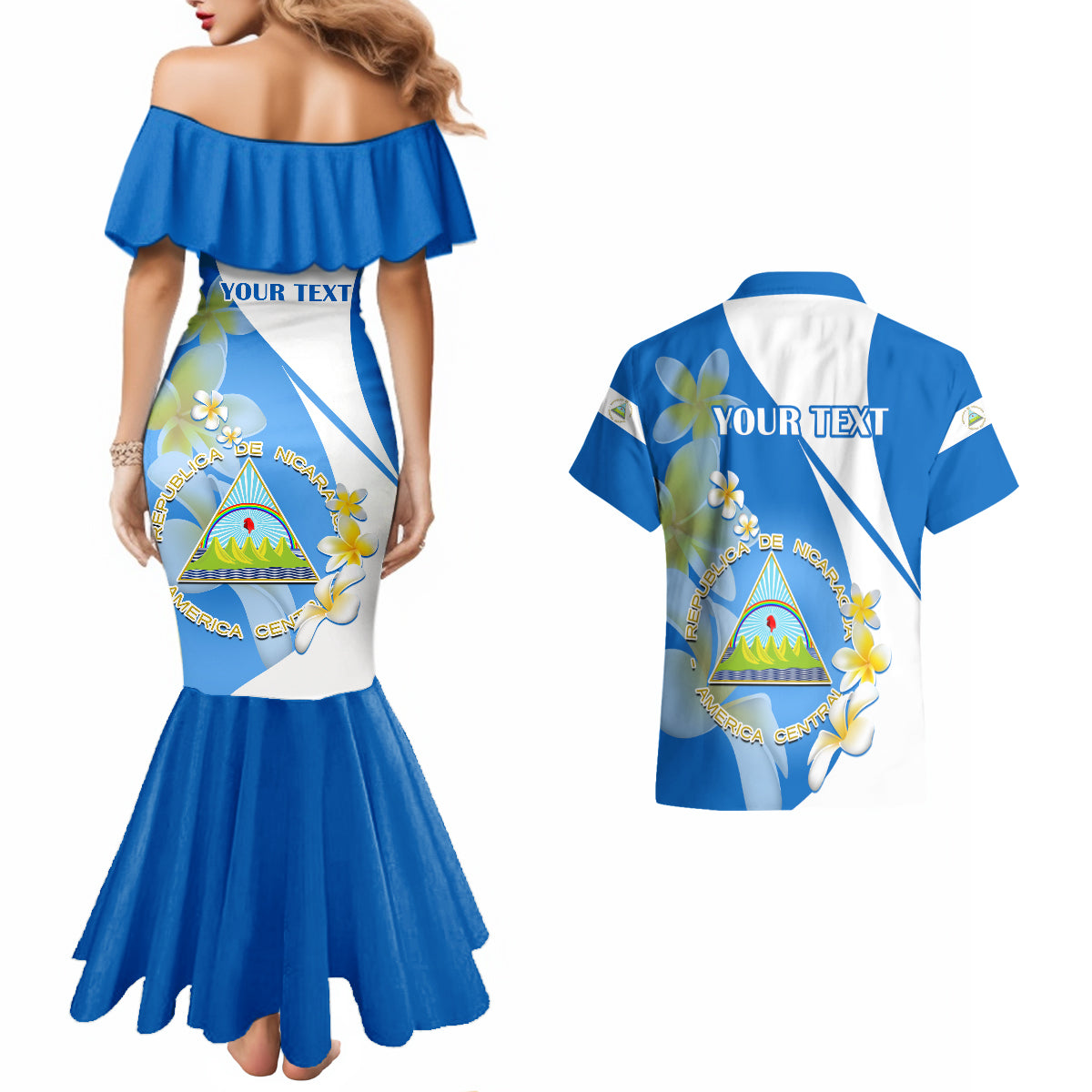 Custom Nicaragua Independence Day Couples Matching Mermaid Dress And Hawaiian Shirt Nicaraguan Coat of Arms With Sacuanjoche Flowers - Wonder Print Shop