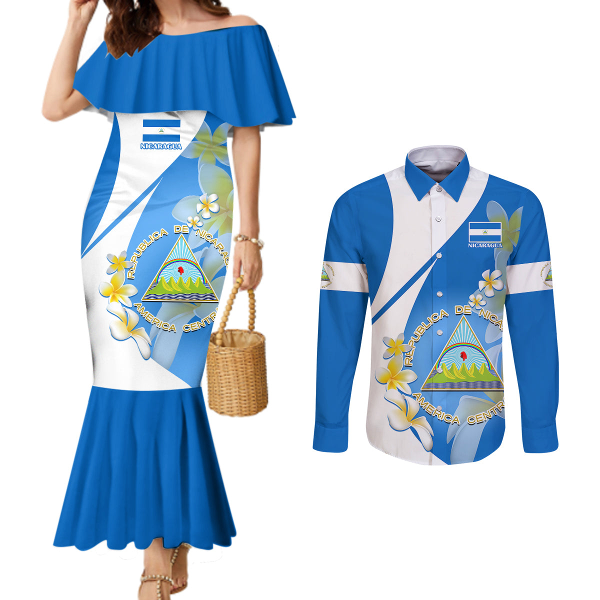 custom-nicaragua-independence-day-couples-matching-mermaid-dress-and-long-sleeve-button-shirts-nicaraguan-coat-of-arms-with-sacuanjoche-flowers