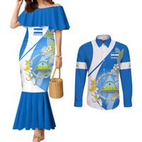 custom-nicaragua-independence-day-couples-matching-mermaid-dress-and-long-sleeve-button-shirts-nicaraguan-coat-of-arms-with-sacuanjoche-flowers