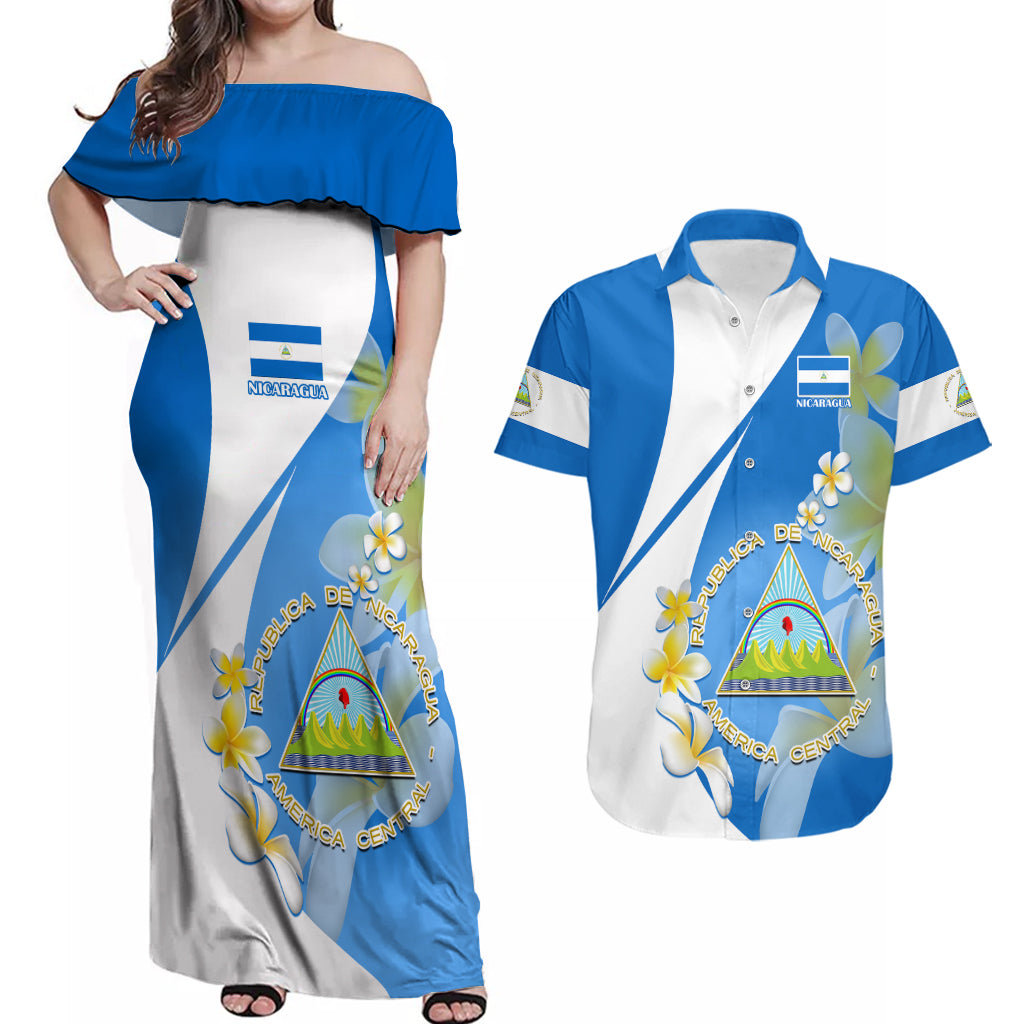 Custom Nicaragua Independence Day Couples Matching Off Shoulder Maxi Dress and Hawaiian Shirt Nicaraguan Coat of Arms With Sacuanjoche Flowers - Wonder Print Shop