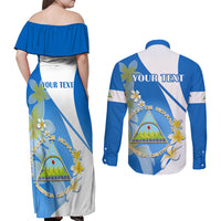 Custom Nicaragua Independence Day Couples Matching Off Shoulder Maxi Dress and Long Sleeve Button Shirts Nicaraguan Coat of Arms With Sacuanjoche Flowers - Wonder Print Shop