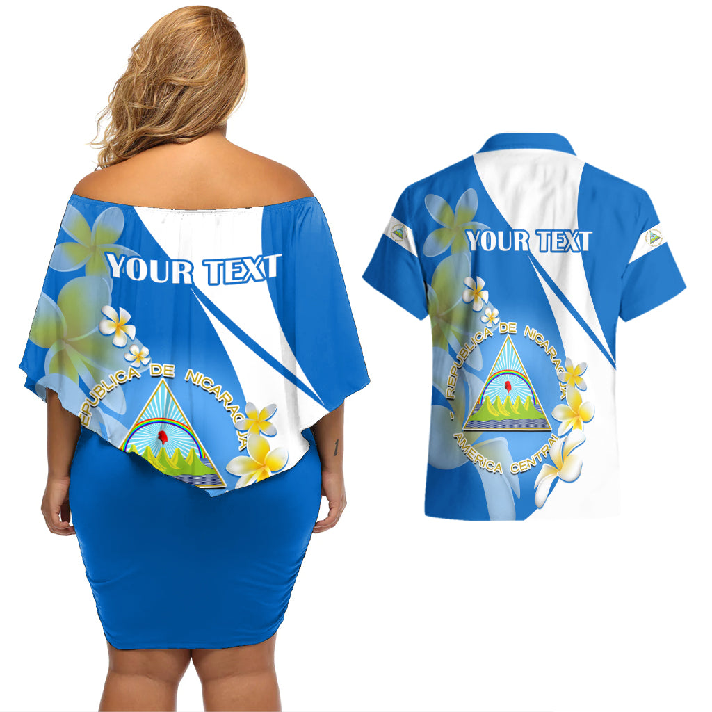 Custom Nicaragua Independence Day Couples Matching Off Shoulder Short Dress and Hawaiian Shirt Nicaraguan Coat of Arms With Sacuanjoche Flowers - Wonder Print Shop