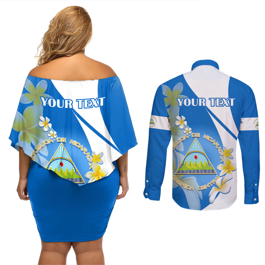 Custom Nicaragua Independence Day Couples Matching Off Shoulder Short Dress and Long Sleeve Button Shirts Nicaraguan Coat of Arms With Sacuanjoche Flowers - Wonder Print Shop