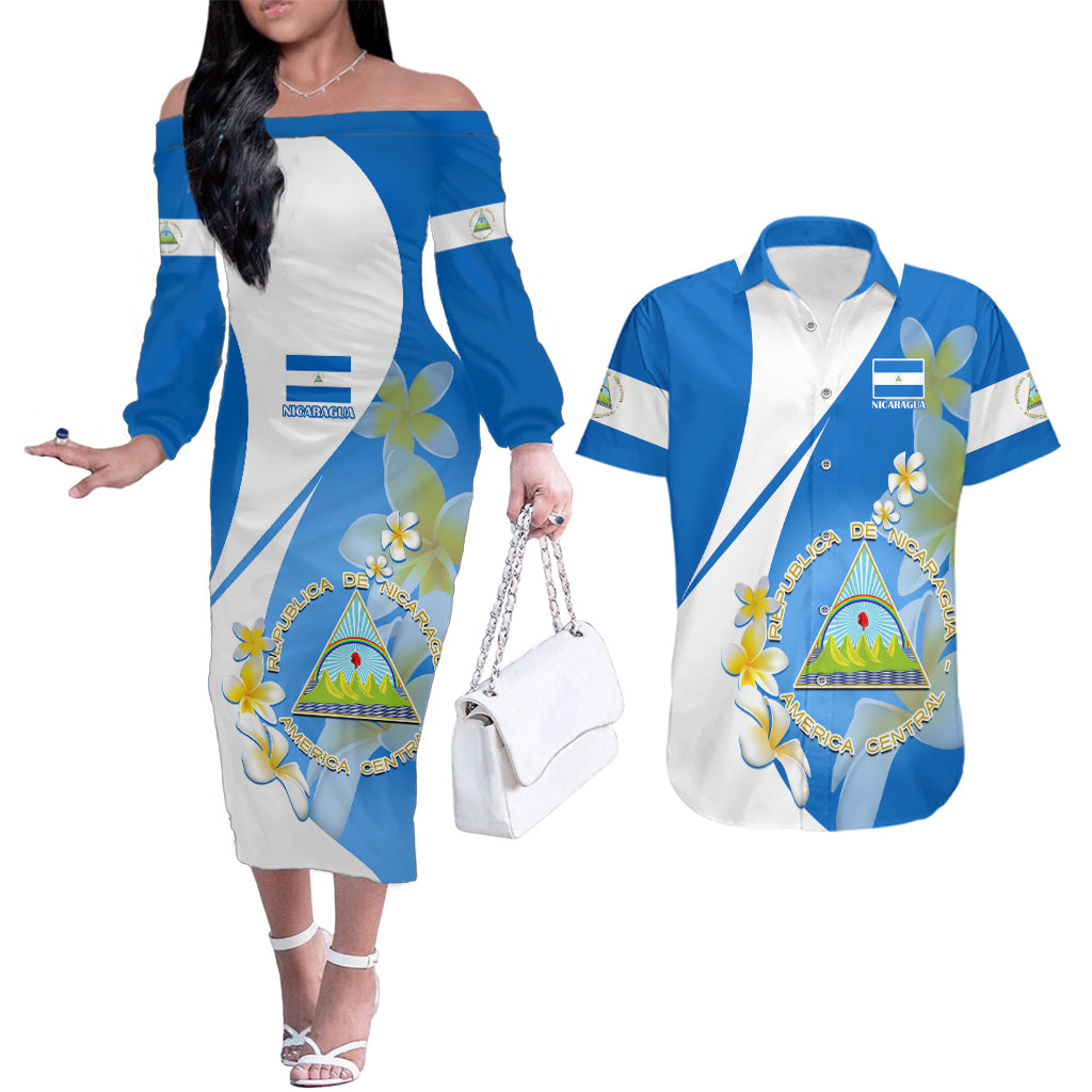 Custom Nicaragua Independence Day Couples Matching Off The Shoulder Long Sleeve Dress and Hawaiian Shirt Nicaraguan Coat of Arms With Sacuanjoche Flowers - Wonder Print Shop