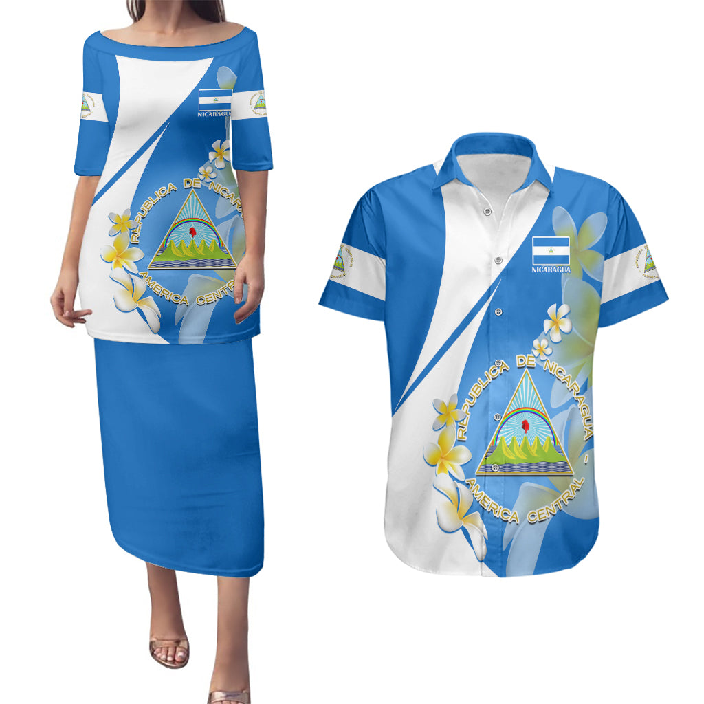 Custom Nicaragua Independence Day Couples Matching Puletasi Dress and Hawaiian Shirt Nicaraguan Coat of Arms With Sacuanjoche Flowers - Wonder Print Shop