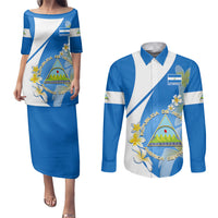 Custom Nicaragua Independence Day Couples Matching Puletasi Dress and Long Sleeve Button Shirts Nicaraguan Coat of Arms With Sacuanjoche Flowers - Wonder Print Shop