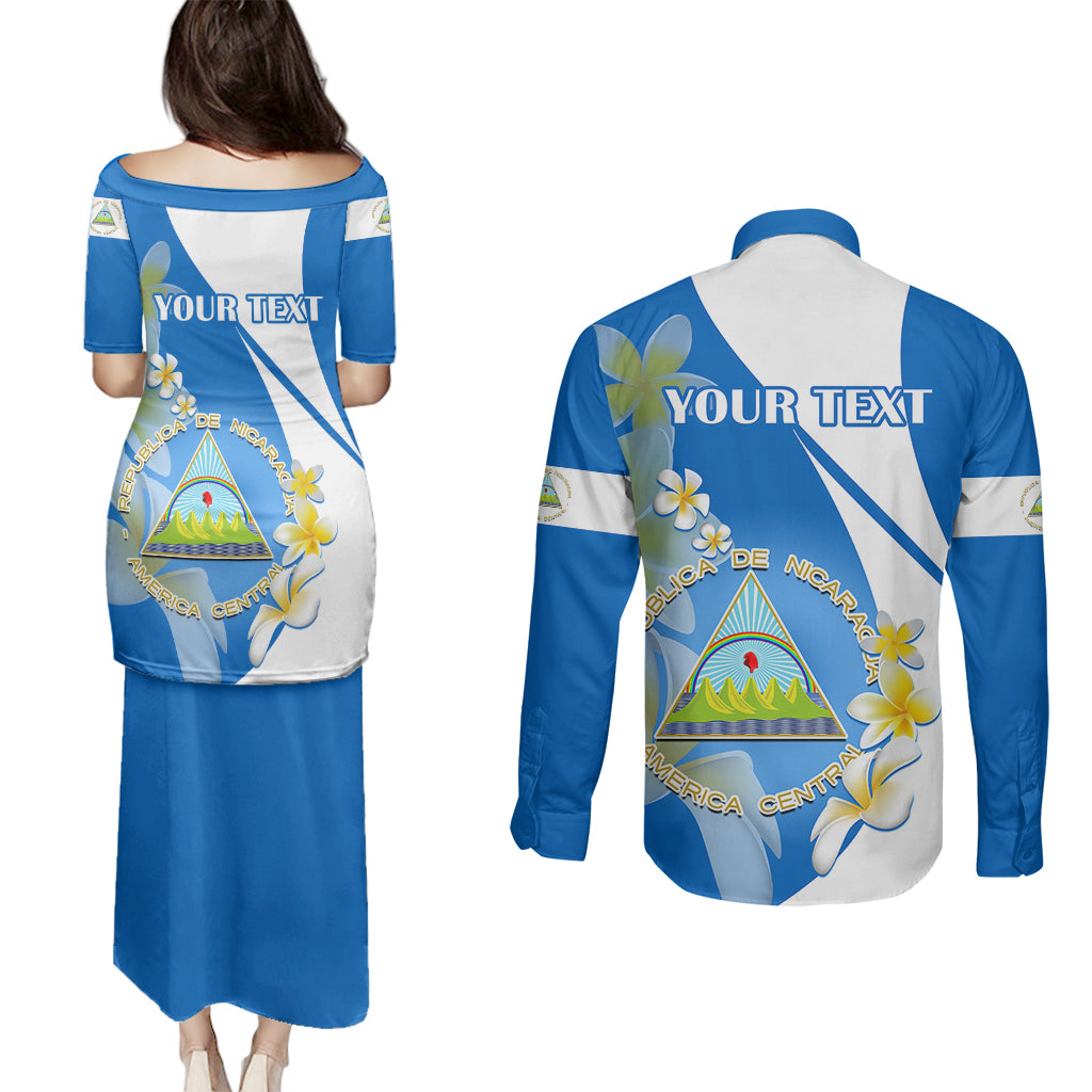 Custom Nicaragua Independence Day Couples Matching Puletasi Dress and Long Sleeve Button Shirts Nicaraguan Coat of Arms With Sacuanjoche Flowers - Wonder Print Shop