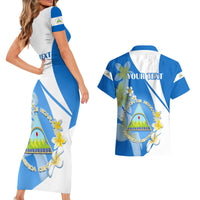 Custom Nicaragua Independence Day Couples Matching Short Sleeve Bodycon Dress and Hawaiian Shirt Nicaraguan Coat of Arms With Sacuanjoche Flowers - Wonder Print Shop