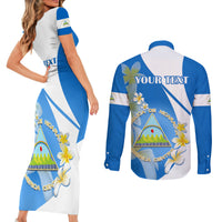 Custom Nicaragua Independence Day Couples Matching Short Sleeve Bodycon Dress and Long Sleeve Button Shirts Nicaraguan Coat of Arms With Sacuanjoche Flowers - Wonder Print Shop