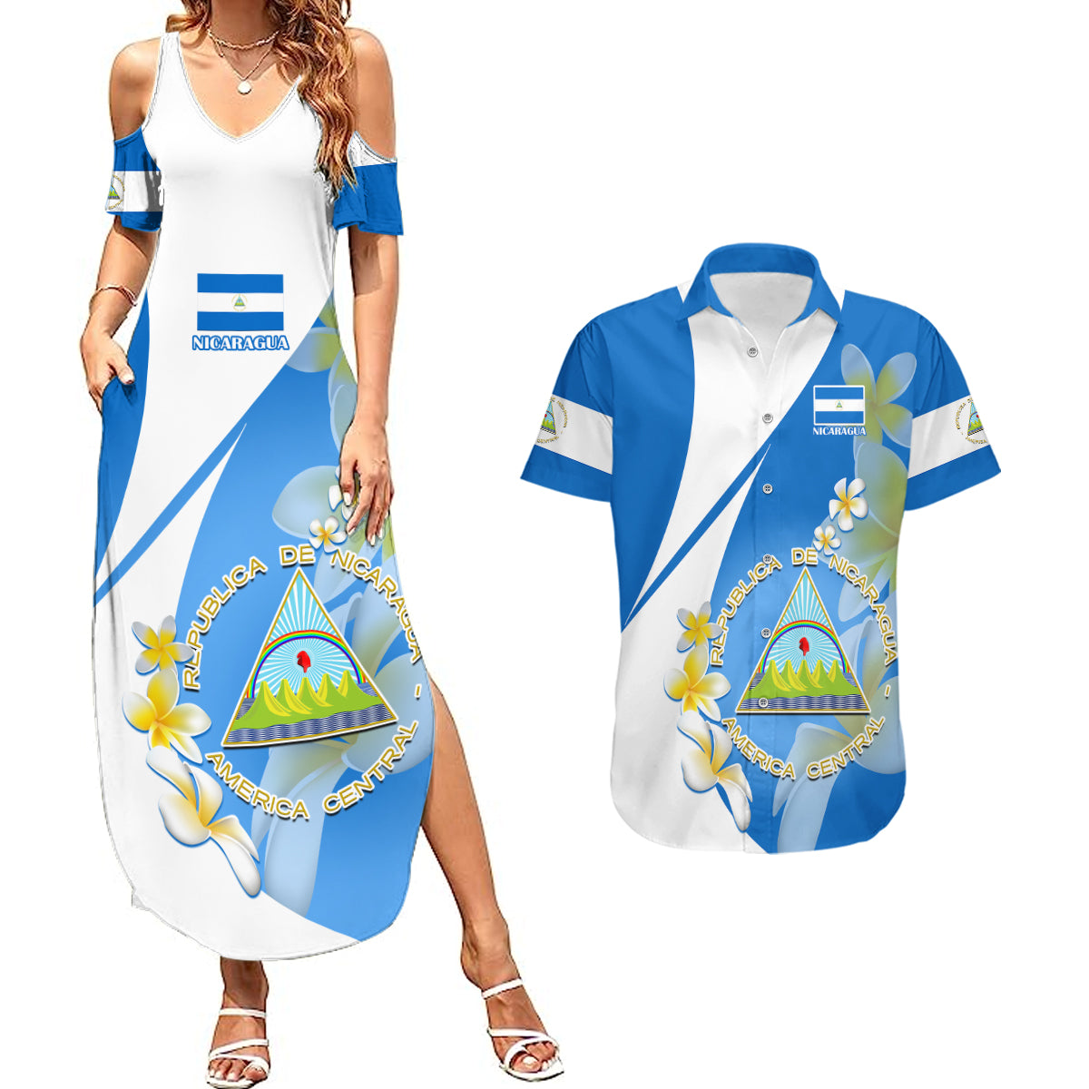 Custom Nicaragua Independence Day Couples Matching Summer Maxi Dress and Hawaiian Shirt Nicaraguan Coat of Arms With Sacuanjoche Flowers - Wonder Print Shop