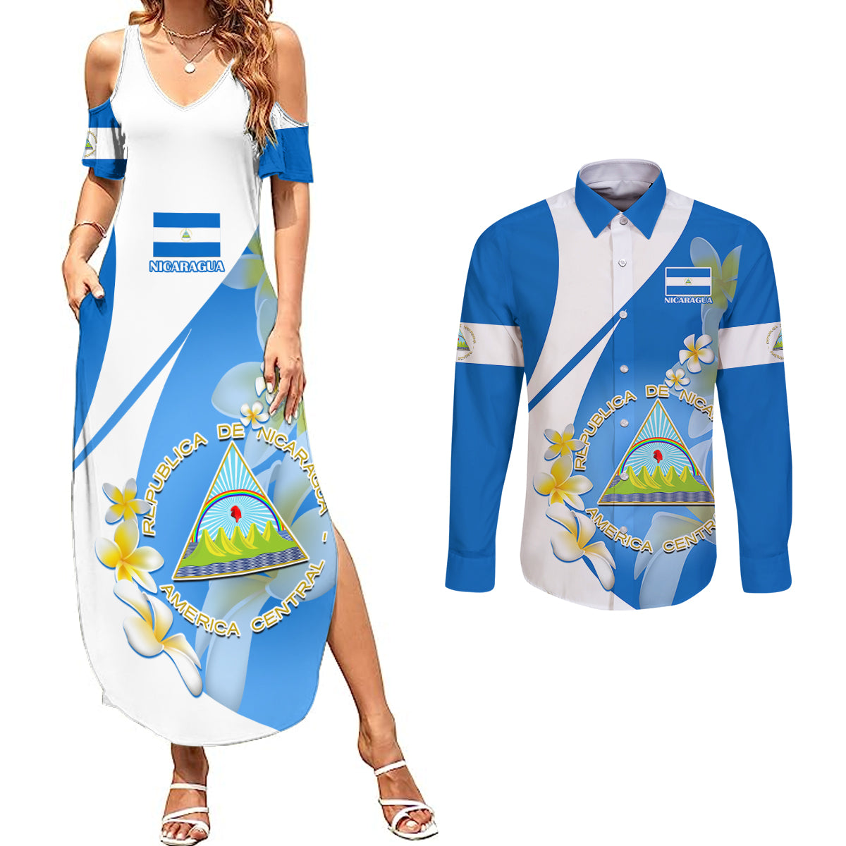 Custom Nicaragua Independence Day Couples Matching Summer Maxi Dress and Long Sleeve Button Shirts Nicaraguan Coat of Arms With Sacuanjoche Flowers - Wonder Print Shop