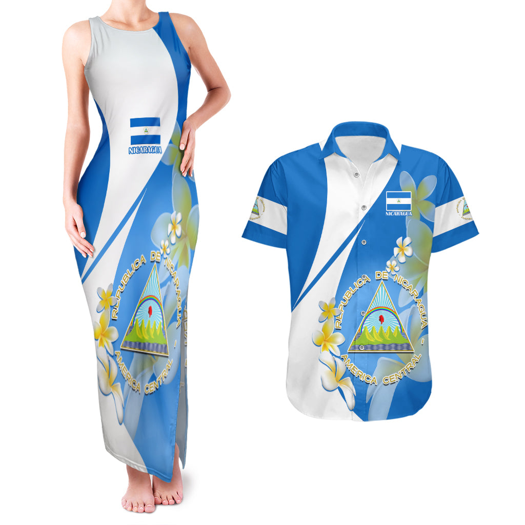 Custom Nicaragua Independence Day Couples Matching Tank Maxi Dress And Hawaiian Shirt Nicaraguan Coat of Arms With Sacuanjoche Flowers - Wonder Print Shop