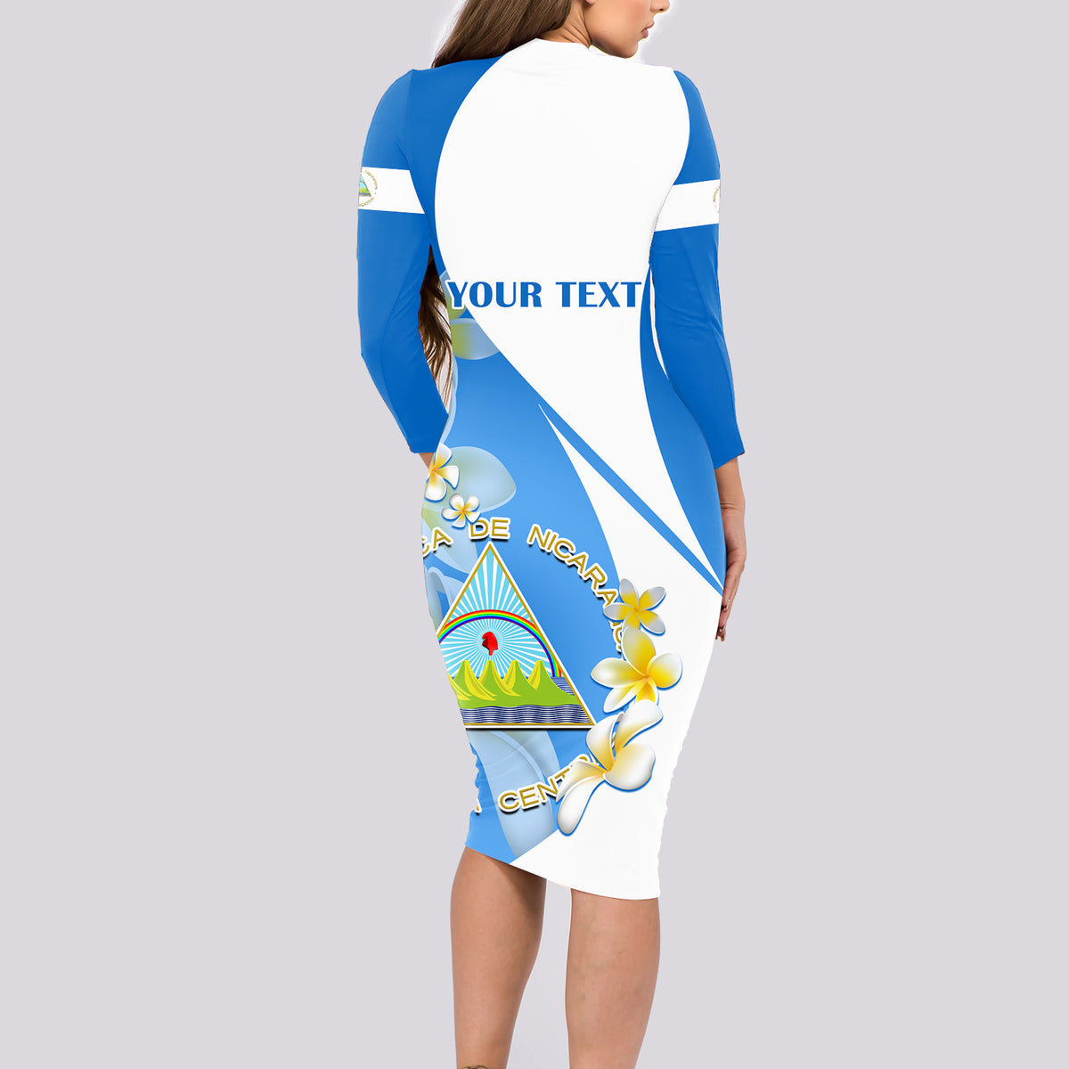 Custom Nicaragua Independence Day Long Sleeve Bodycon Dress Nicaraguan Coat of Arms With Sacuanjoche Flowers - Wonder Print Shop