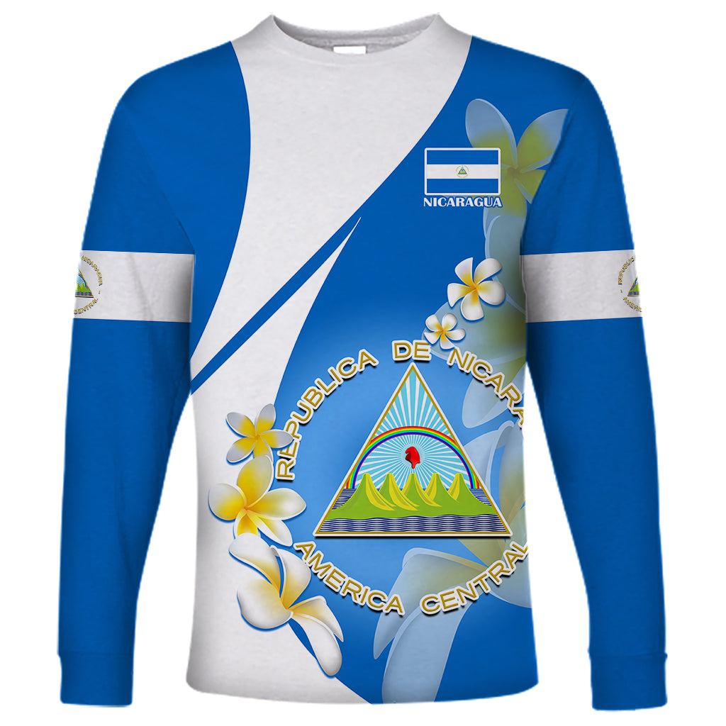 Custom Nicaragua Independence Day Long Sleeve Shirt Nicaraguan Coat of Arms With Sacuanjoche Flowers - Wonder Print Shop