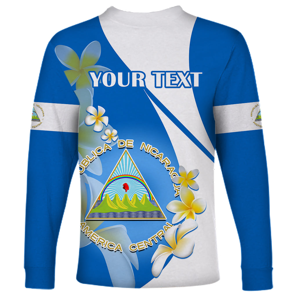 Custom Nicaragua Independence Day Long Sleeve Shirt Nicaraguan Coat of Arms With Sacuanjoche Flowers - Wonder Print Shop