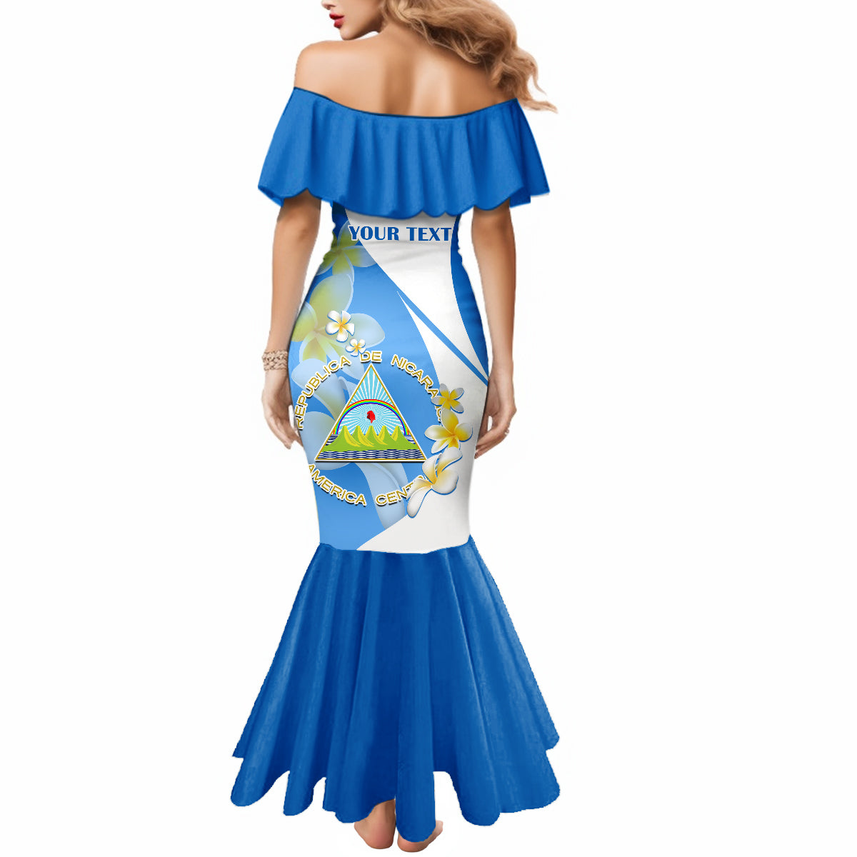 Custom Nicaragua Independence Day Mermaid Dress Nicaraguan Coat of Arms With Sacuanjoche Flowers - Wonder Print Shop