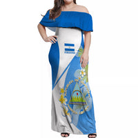 Custom Nicaragua Independence Day Off Shoulder Maxi Dress Nicaraguan Coat of Arms With Sacuanjoche Flowers - Wonder Print Shop