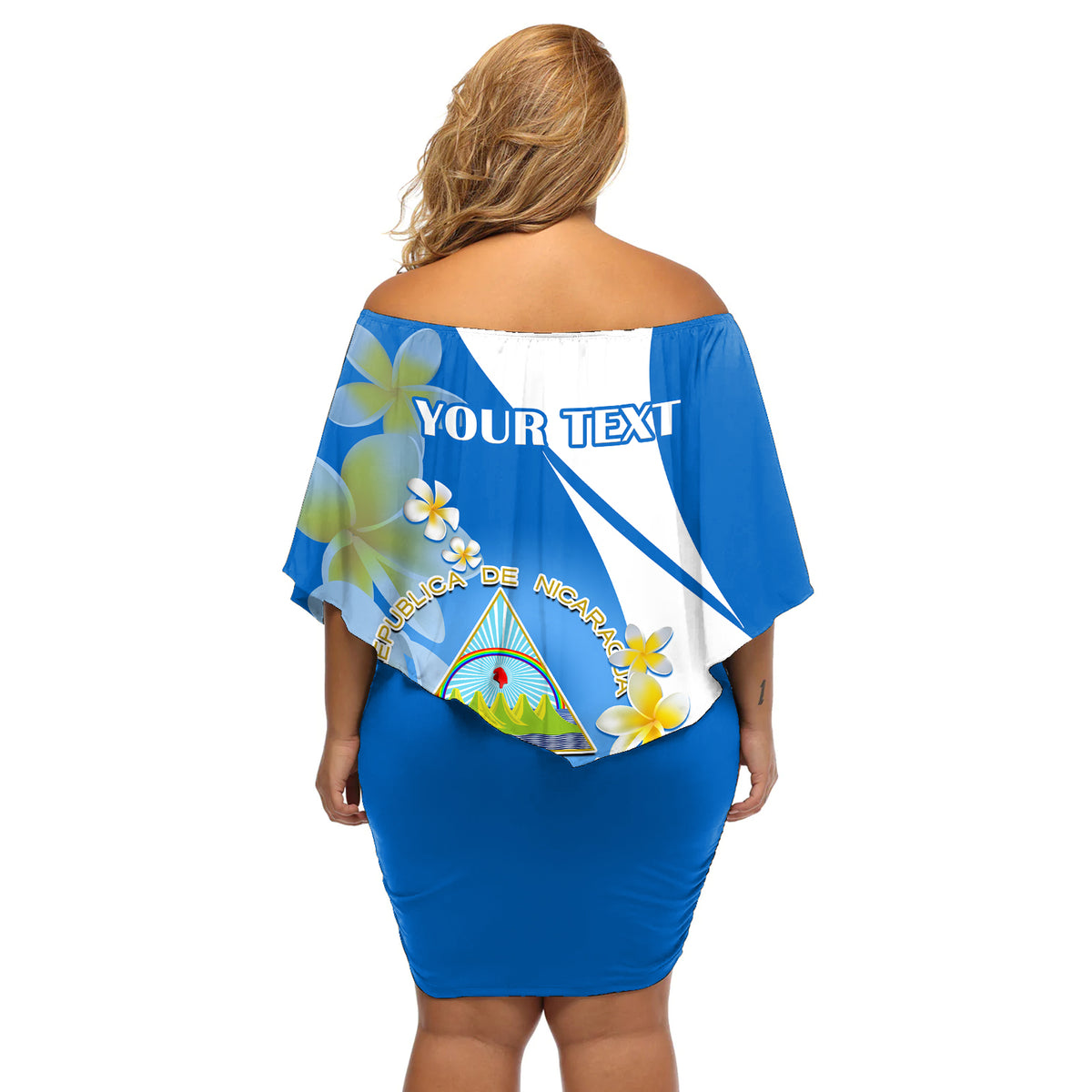 Custom Nicaragua Independence Day Off Shoulder Short Dress Nicaraguan Coat of Arms With Sacuanjoche Flowers - Wonder Print Shop