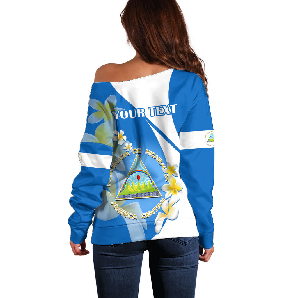 Custom Nicaragua Independence Day Off Shoulder Sweater Nicaraguan Coat of Arms With Sacuanjoche Flowers - Wonder Print Shop