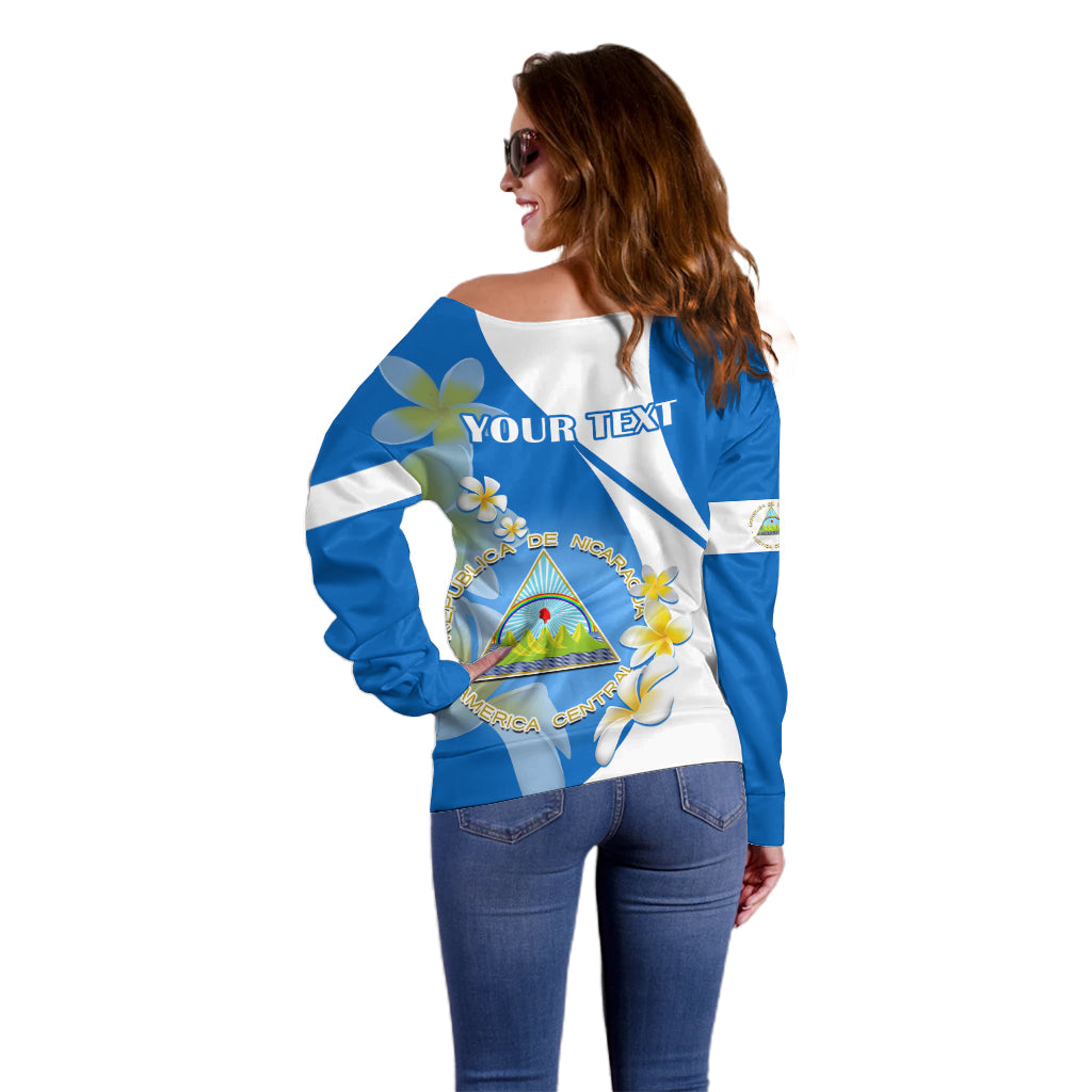 Custom Nicaragua Independence Day Off Shoulder Sweater Nicaraguan Coat of Arms With Sacuanjoche Flowers - Wonder Print Shop