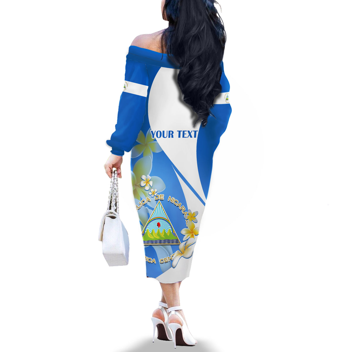 Custom Nicaragua Independence Day Off The Shoulder Long Sleeve Dress Nicaraguan Coat of Arms With Sacuanjoche Flowers - Wonder Print Shop