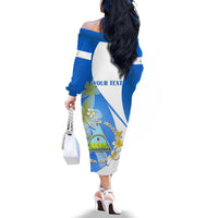 Custom Nicaragua Independence Day Off The Shoulder Long Sleeve Dress Nicaraguan Coat of Arms With Sacuanjoche Flowers - Wonder Print Shop