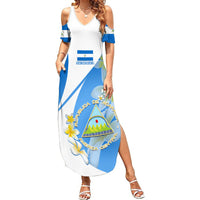 Custom Nicaragua Independence Day Summer Maxi Dress Nicaraguan Coat of Arms With Sacuanjoche Flowers - Wonder Print Shop