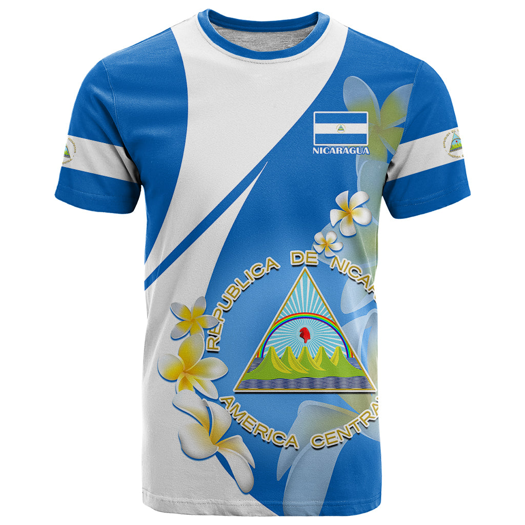 Custom Nicaragua Independence Day T Shirt Nicaraguan Coat of Arms With Sacuanjoche Flowers - Wonder Print Shop